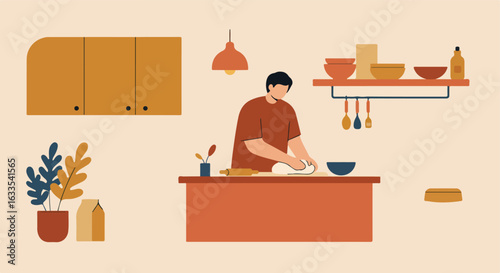 Man kneading dough in stylized kitchen with warm colors and simple shapes
