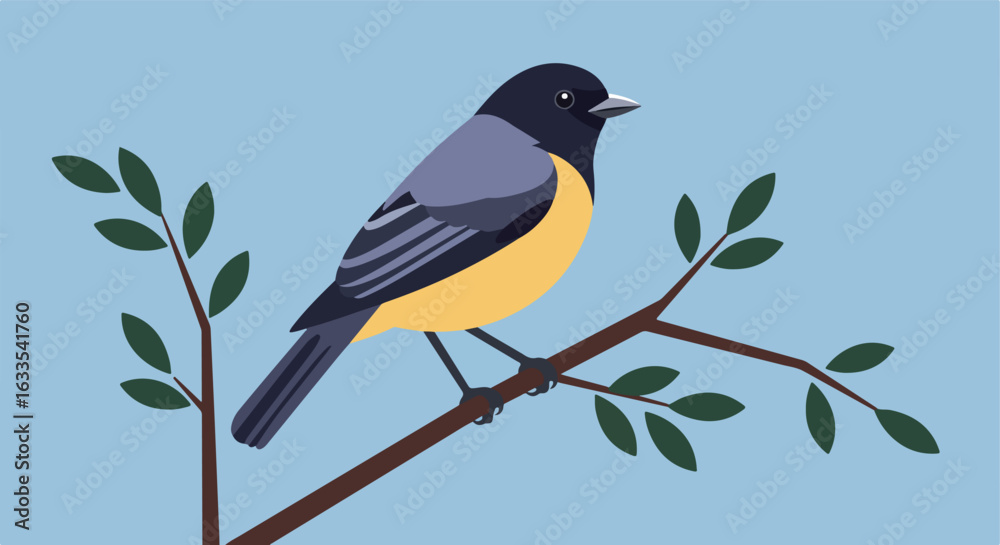 Obraz premium Cartoon bird perched on a tree branch against a blue background