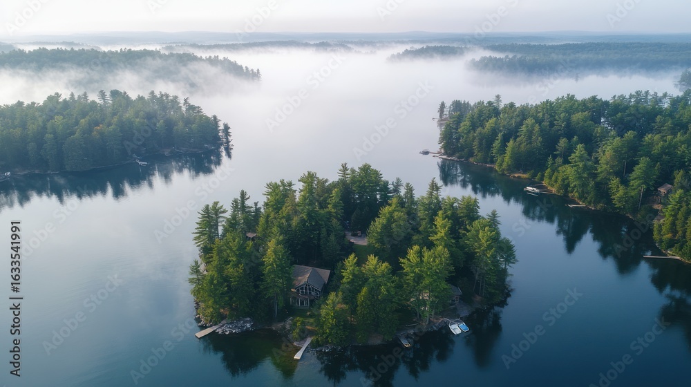Obraz premium Misty lake islands at dawn. Aerial view of tranquil islands with lush green forests, nestled in a calm lake. 