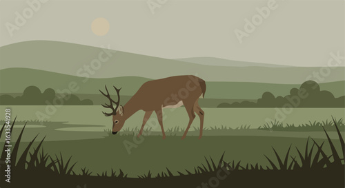 Deer grazes in meadow under the sun with hills in the background