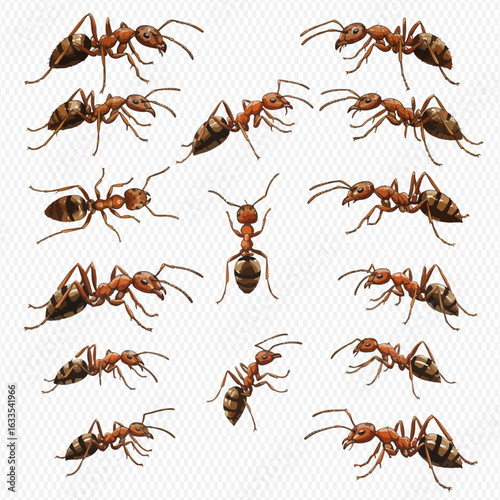 A detailed collection of red and brown ants illustrated from various angles and poses.