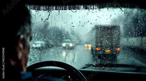 Driver's perspective of a rainy road with vehicles through a wet windshield.
