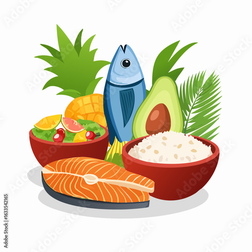 Round tropical feast illustration with fresh fruits and leaves, perfect for culinary branding, juice bar menus, and retail packaging
