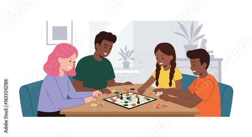 Four people playing a board game at a table in a room with plants