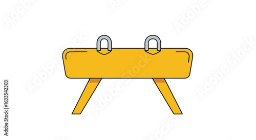 Yellow pommel horse, gray pommels, black outlines, two legs, on a white background