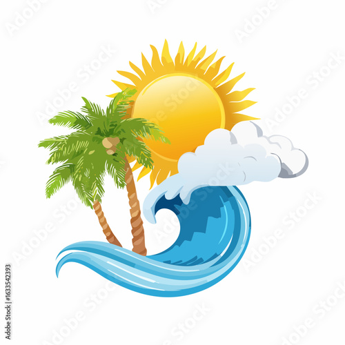 A vibrant circular illustration of a tropical beach scene with a blazing sun, palm trees, and gentle waves, ideal for travel branding, resort promotions, and vacation marketing
