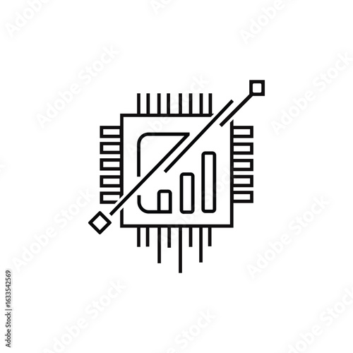 Abstract representation of a microprocessor with a diagonal line crossing a bar chart symbol