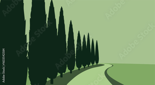 Green countryside scene w/cypress trees lining a winding path, serene feel