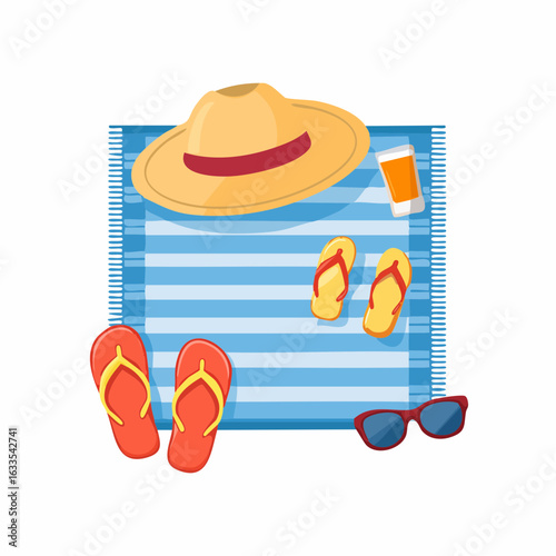 Colorful round icon capturing a sunny day at the beach with essentials, designed for branding collateral, posters, and travel content
