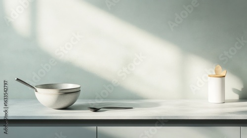 Simple kitchen scene, sunlight on light countertops