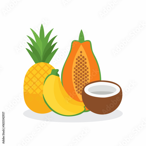 A bright circular still-life illustration featuring a pineapple, coconut, and papaya with tropical colors, perfect for fruit branding, smoothie menus, and summer promotional materials
