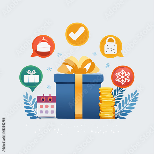 Modern round badges depicting wrapped gifts in a playful layout, ideal for seasonal catalogs, store promotions, and event invitations
