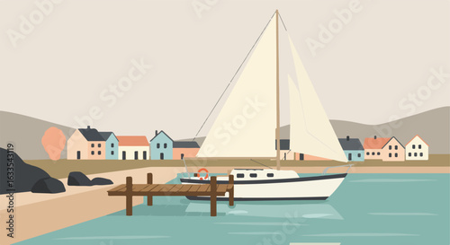 Stylized seaside scene sailboat, pier, town