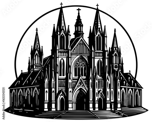 Ancient Gothic Cathedral with Stained Glass & Stone Carvings