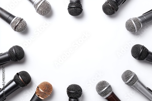 Multiple microphones arranged in a circle on a white background