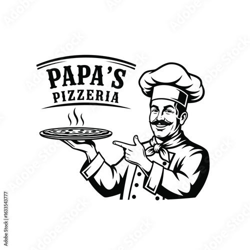Chef presenting hot pizza pizzeria food