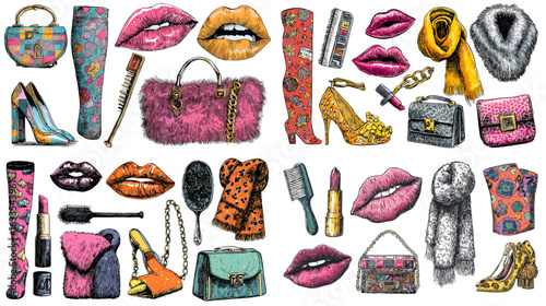 Bold pop art illustration of fashion accessories, handbags, lipstick, high heels, and lips. Colorful and stylish design perfect for fashion branding, beauty advertising, or editorial artwork.