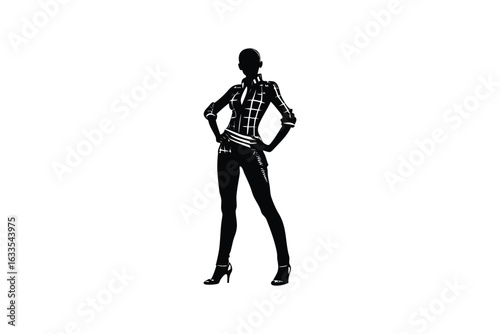 Full body silhouette of a confident woman in a stylish outfit with a hat and high heels striking a powerful pose isolated on a white background silhouette
