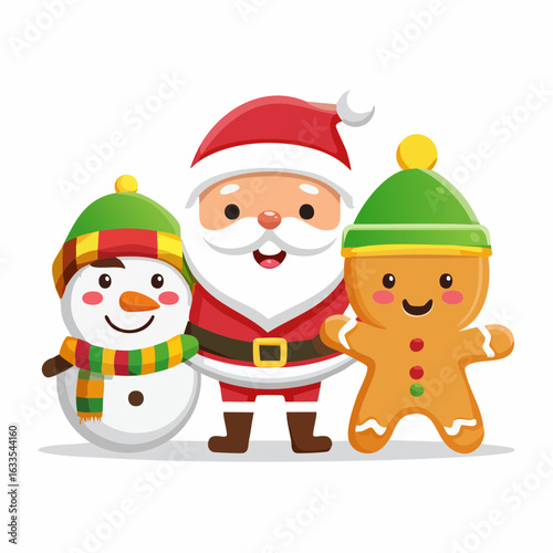 Whimsical round scene featuring a snowman and two smiling helpers in festive attire, ideal for Christmas catalogs, kids’ content, and holiday social media visuals
