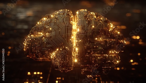 Golden, glowing brain with circuit board design