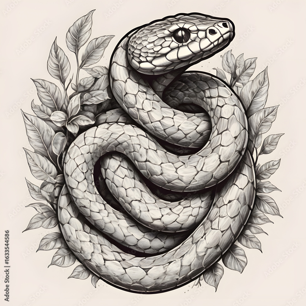 Fototapeta premium Monochrome Snake Illustration Majestic Reptile Amidst Lush Foliage Symbolizing Transformation and Renewal Evoking Mystery and Serenity