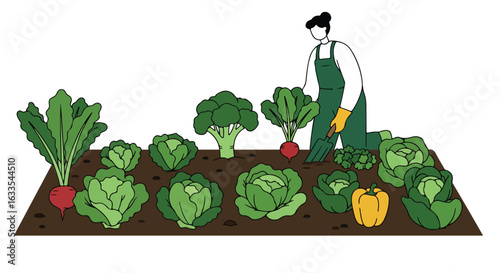 Gardener tending row crops like cabbage, broccoli, beets, and peppers