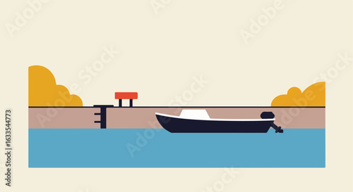 Flat vector illustration of a boat docked in water at a pier with trees