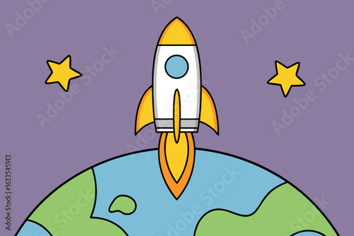 Cartoon Rocket Launching from Earth with Stars in Purple Space Background planet