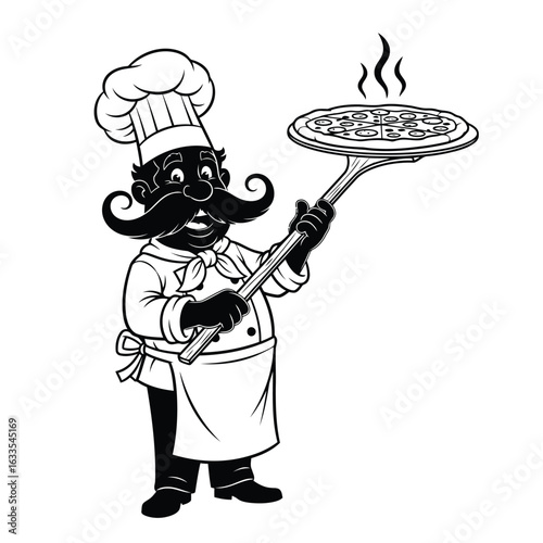 Cheerful chef presenting hot pizza food cooking