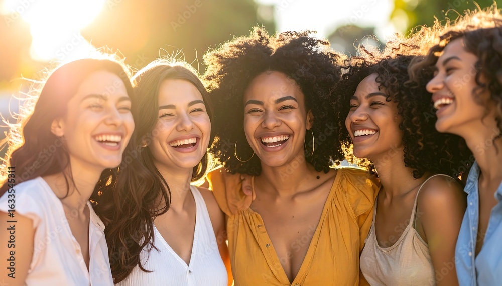 Fototapeta premium Diverse Group of Five Happy Women Laughing in the Sun