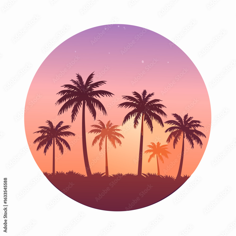 Naklejka premium A warm circular sunset scene with palm silhouettes along a tropical shoreline, perfect for travel branding, beach resort promotions, and summer campaigns