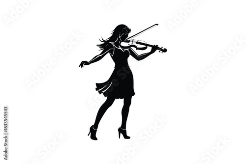 Elegant female violinist playing her instrument with passion and grace captured in a striking black silhouette against a clean white background showcasing musical performance silhouette