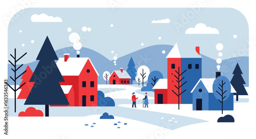 Flat design of winter village with red and blue houses, snowy path, and two figures