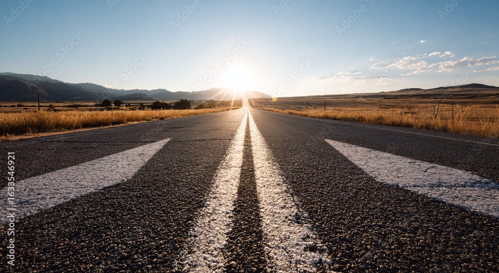 Naklejka premium Empty highway stretching into a vibrant sunset