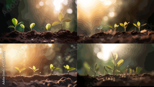 Four images of small plants growing in soil, highlighted by warm sunlight, showcasing the early stages of plant development.