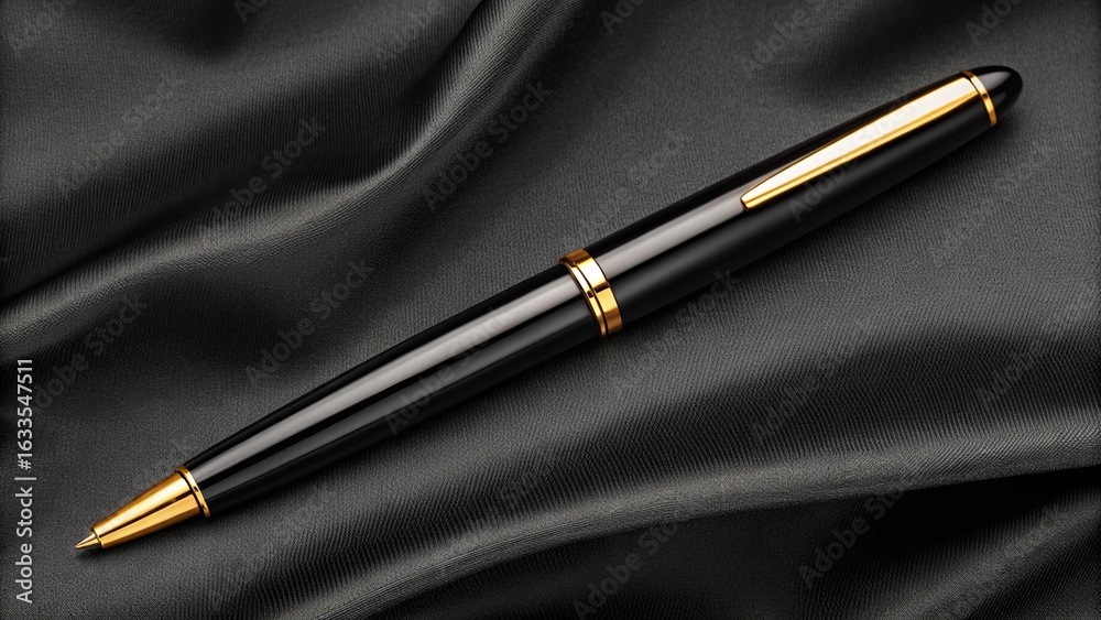 Naklejka premium Elegant Black and Gold Luxury Ballpoint Pen Resting on Smooth Black Silk Fabric; Sophisticated, Upscale, and Professional Image for Business, Success, and Executive Concepts.