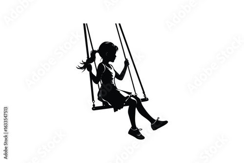 A young girl enjoying a swing ride in a park depicted in a striking black silhouette against a clean white background capturing a moment of childhood joy and freedom silhouette