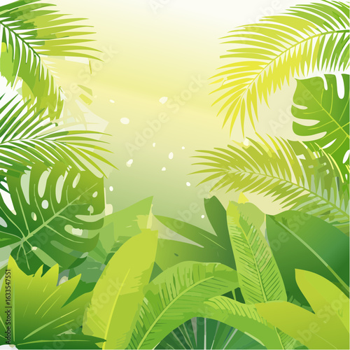 Playful circular composition of overlapping tropical foliage forming a bright border, suitable for greeting cards, posters, and lifestyle brand storytelling
