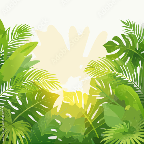 A vibrant circular frame composed of lush tropical leaves in varying greens, ideal for summer branding, travel visuals, and nature-inspired marketing collateral
