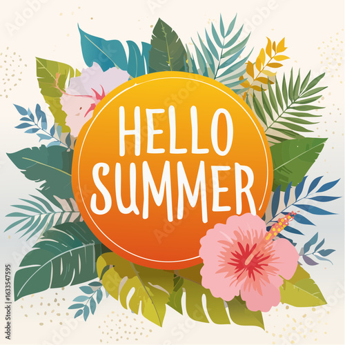 Polished round badge featuring a flower crown and summer greeting, designed for marketing collateral, newsletters, and storefront signage
