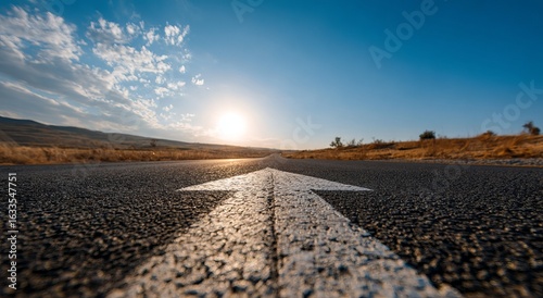 Highway arrow points towards a bright sun