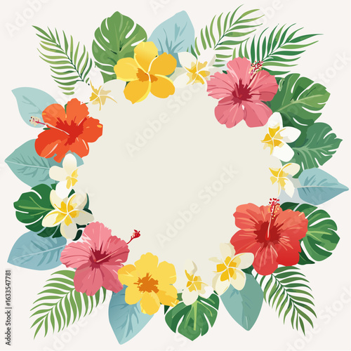 Playful circular bouquet border featuring bright blossoms and greens around a shiny mirror focal point, suitable for product launches and social media
