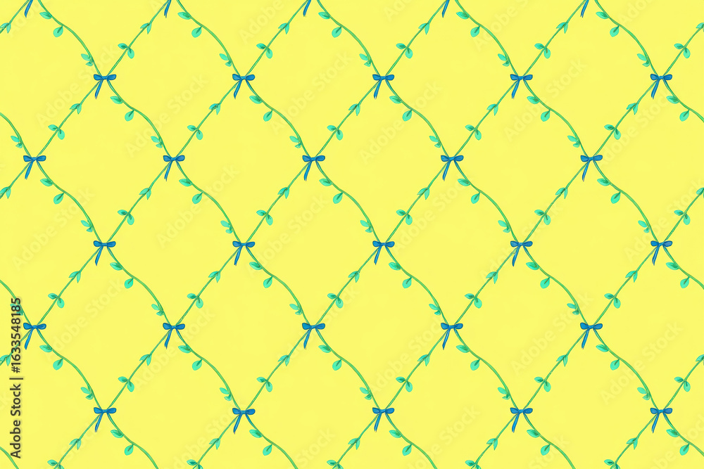 Fototapeta premium Seamless yellow floral pattern with green vines and blue bows, a decorative and ornate design with a repeating lattice structure