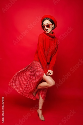 Red fashion model in beret and sunglasses posing in studio for fashion photography shoot