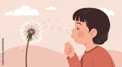 Child blowing dandelion seeds