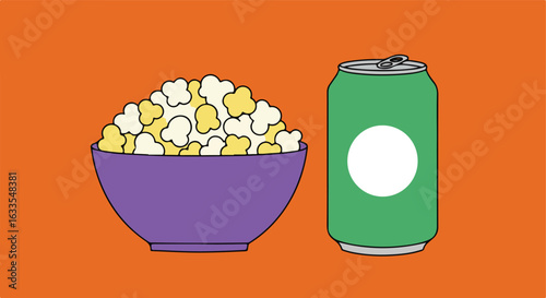 Cartoon image bowl of popcorn and drink can on an orange background
