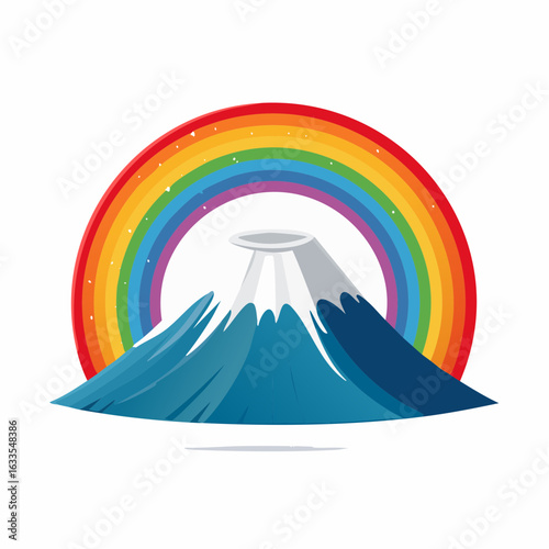 Playful circular icon of a rainbow-enveloped mountain scene designed for branding collateral, posters, and social media visuals celebrating exploration
