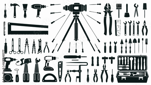 Illustration showcasing a variety of tools including hand tools power tools and measuring equipment in black and white silhouette