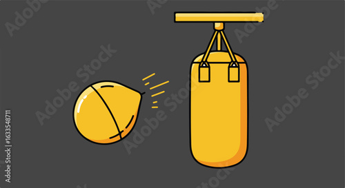 Cartoon of a yellow boxing bag with a speed bag on dark gray background