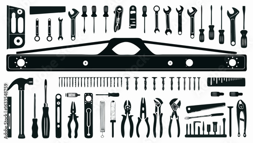 Illustration showing an assortment of tools including screwdrivers wrenches pliers and a spirit level silhouette
